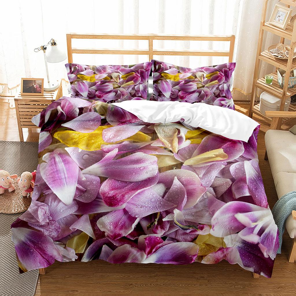 Petal Duvet Cover Set King Queen Full Size Beautiful Flower Pattern Polyester Comforter Cover for Kids Teens Adults Bedding Set
