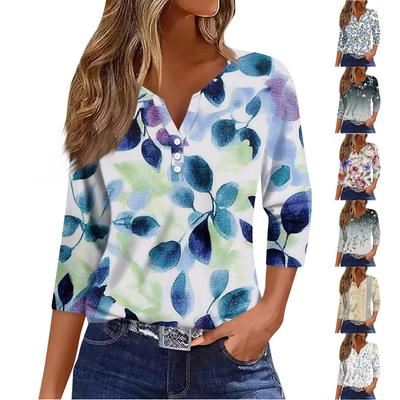 Women's T Shirt Tee Print Button 3/4 Sleeve Daily Weekend Fashion Basic V Neck Regular Top