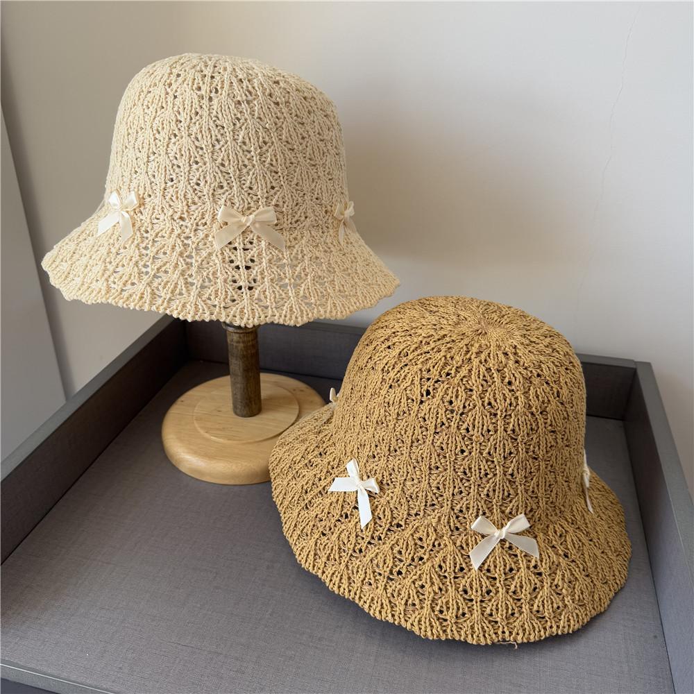 Bow straw hat girls sweet and cute bucket hat spring and summer travel seaside sunscreen hat
