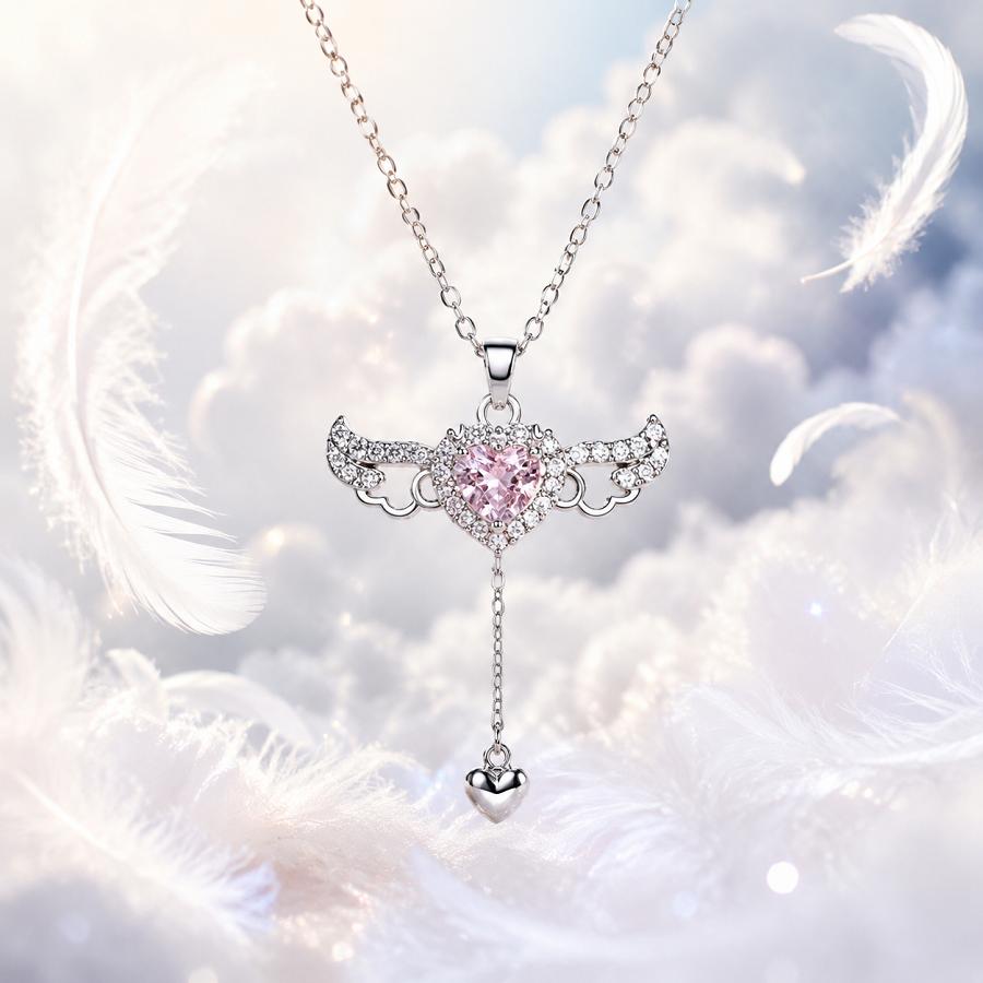 Collana Certificata in Argento Puro S999 con Ali d'Angelo, Ciondolo a Goccia Y con Cuore di Cupido e Cristallo Rosa, Gioiello Romantico Fairycore Regalo per Lei
