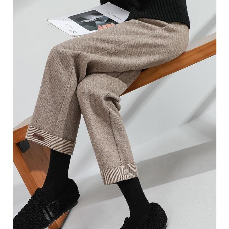 Gerade Wollhose für Damen, Herbst und Winter, hoch taillierte, lockere schwarze Hose