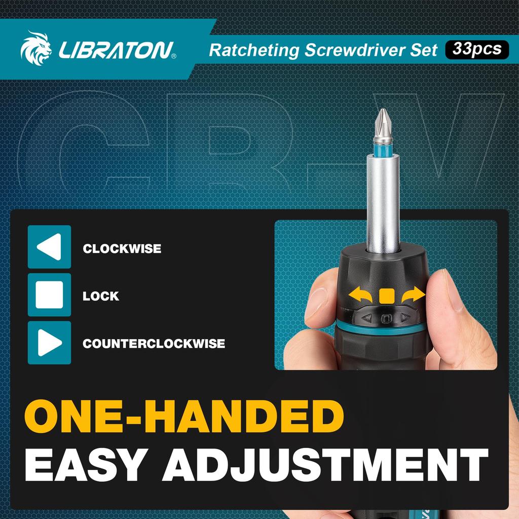 LIBRATON Magnetic Ratchet Driver Set with Interchangeable and Pozidriv Bits Set, 33-Piece Screwdrivers, Phillips, Flathead, Square, Hex, Torx,