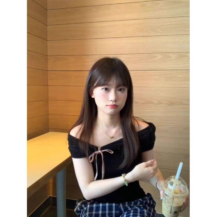 

Топ Yeyuan на одно плечо с плиссированным бантом для похудения для женщин S (Recommended under 100 jin) чёрный