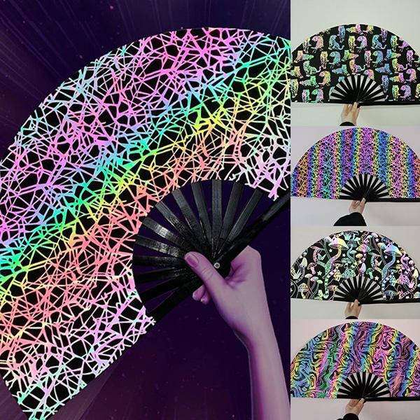 33cm Reflective Fan 13-inch Kung Fu Fan Rainbow Reflective Fabric Fan Large Bamboo-framed Fan