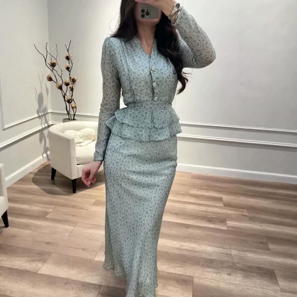 Autumn New European and American Amazon Cross-border V-neck Floral Ruffle Edge Top Fishtail Skirt Set