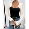 Women's Fashion Sexy Bodysuits Autumn Spliced Knitted Long Sleeve Slim Fit Elegant Square Collar