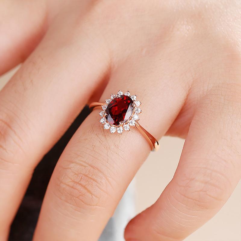Imitation Natural Garnet Princess Diana Ring Rose Gold Plated With Diamonds Flower Ring