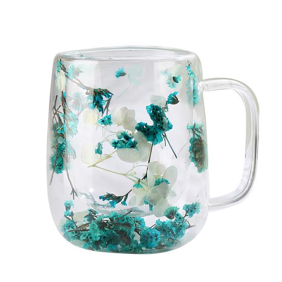 Double-Wall Dried Flower Glass Mug with Handle 350ml Borosilicate Glass Coffee Cup for Hot Cold Drinks Heat-Resistant Clear Unique Gift for