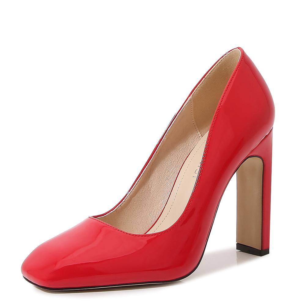 Square head fashion light mouth high heel single shoes women's thick heel patent leather red dress bridal wedding shoes work shoes women