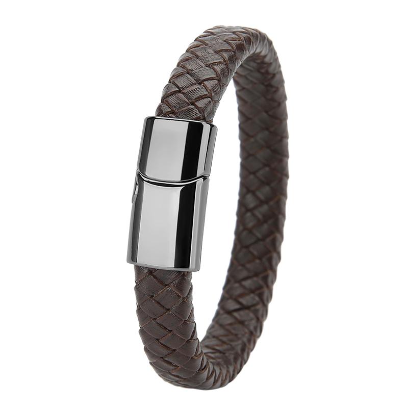 Mibrow Czarna Skórzana Pleciona Bransoleta Męska Rozmiar 10x5 12x6mm Modny Metalowy Magnetyczny Zapięcie Bransolety Owijane Punkowy Charm Biżuteria Męska