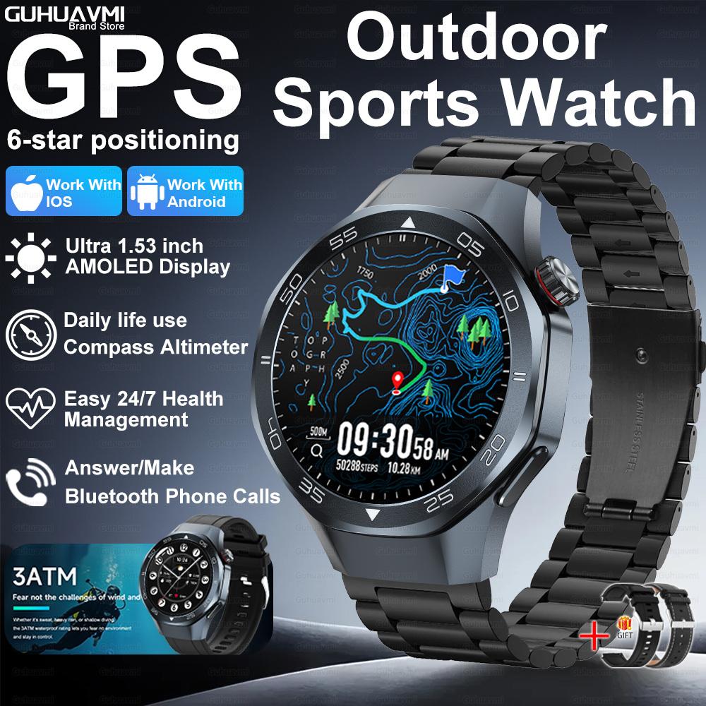 New GPS Position Smart Watch Men 1.53'' AMOLED HD Screen Compass Heart Rate 3ATM Waterproof Call Sports Business Smart Watch