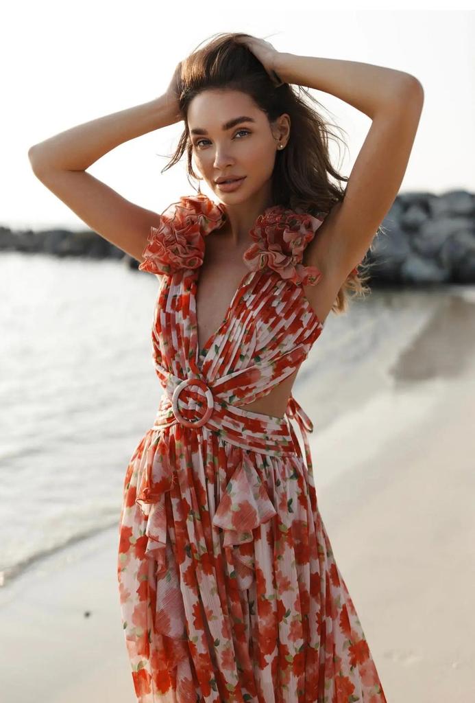 European & American Women's Floral Slimming V-Neck Ruffle Holiday Dress