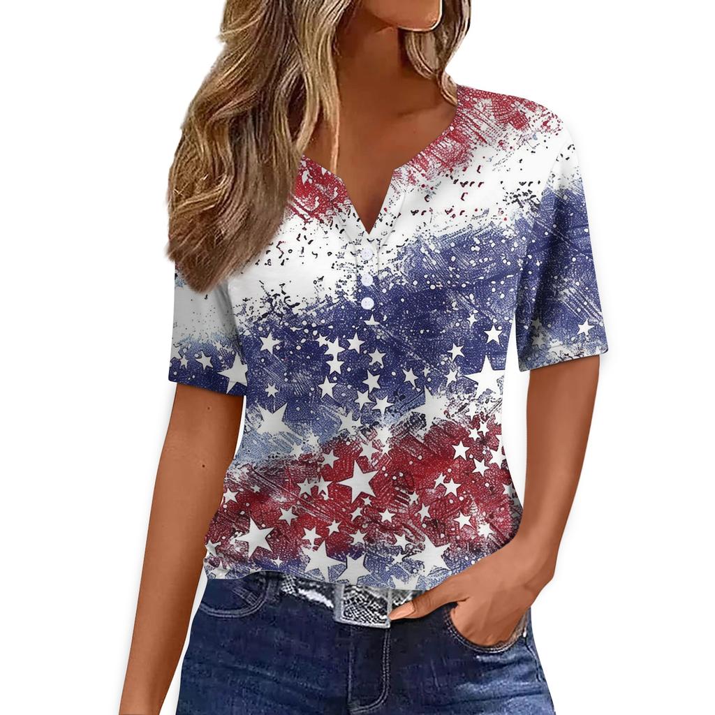 Women's T Shirt Tee Print Button Short Sleeve Daily Weekend Fashion Basic V- Neck Regular Top