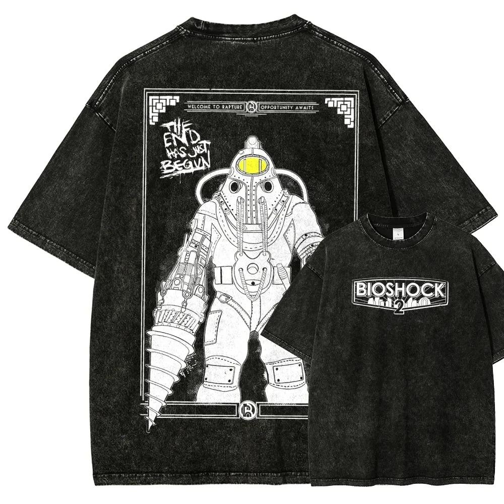 Klassisches Retro-Shooter-Spiel Bioshock Peripheriegeräte Grafikdruck T-Shirt Herren Damen Neu Harajuku Stil T-Shirt Vintage Gewaschenes Baumwolltop