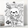 1pc Christmas, Halloween Printed Flannel Blanket with Cartoon Marine Life Theme, Hand-drawn Black and White Cute Fish Print, Soft, Skin-friendly, Warm