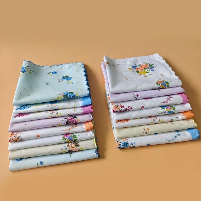 Flower Motif Handkerchief Set, 18Pcs Soft Cotton Cloths with Scalloped Trim for Personal Wiping, Table Settings, and Small-Item Wrapping