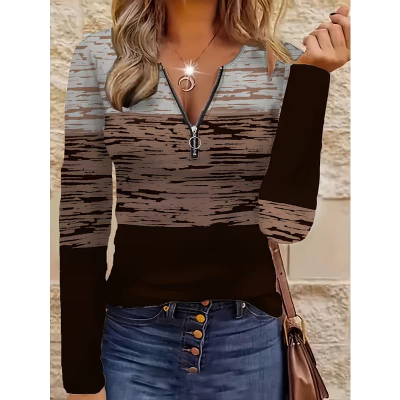 Women's Creative Printed Zipper Long-sleeved T-shirt, Breathable, Soft and Comfortable, Suitable for All-year-round Casual Wear