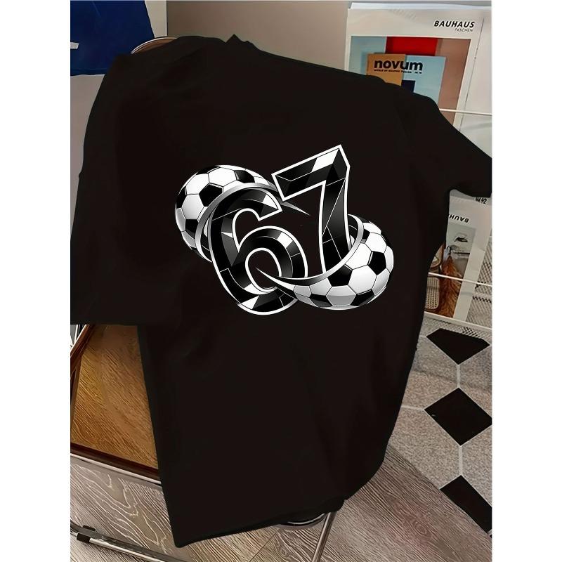 European sizes Children Casual T-Shirt with Soccer and Number 67 Design Perfect for Sports Enthusiasts, Crew Neck, Short Sleeve, Medium Stretch Fabric
