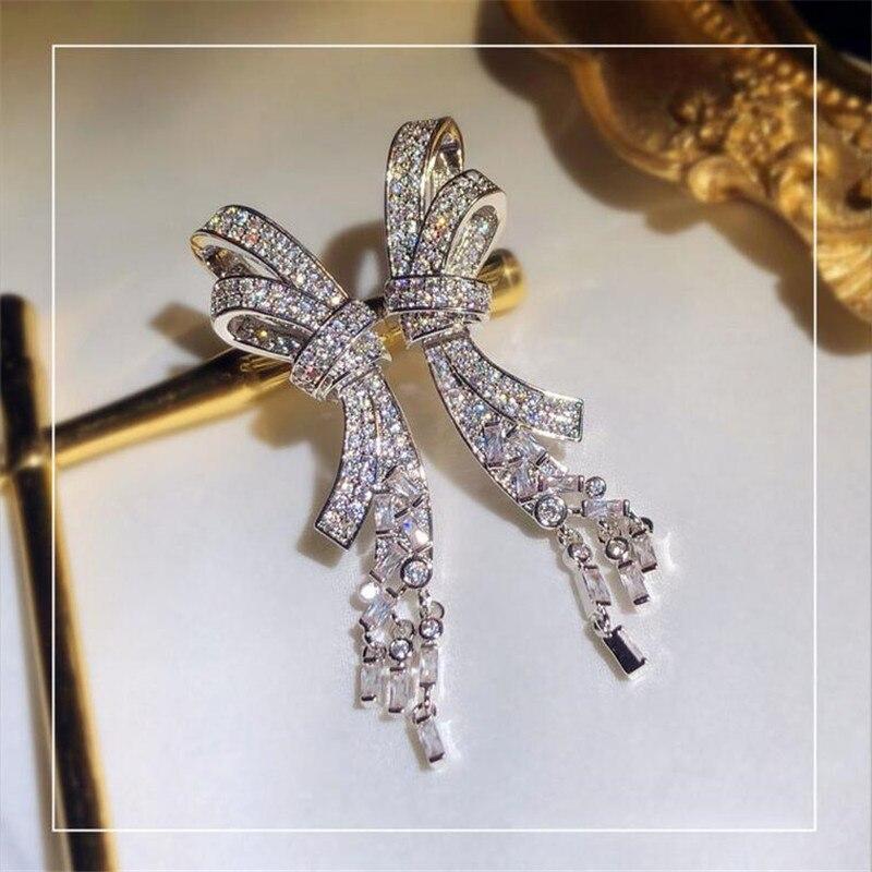Classical Bow Dangle Earring Sparkling Jewelry 925 Sterling Silver Full White Clear CZ Crystal Women Wedding Long Tassel Earring