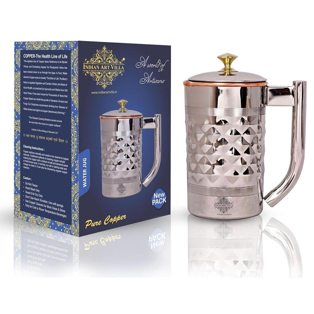 Diamond Hammered Steel Copper Jug Pitcher with Brass Knob, Serveware, 2000 ML