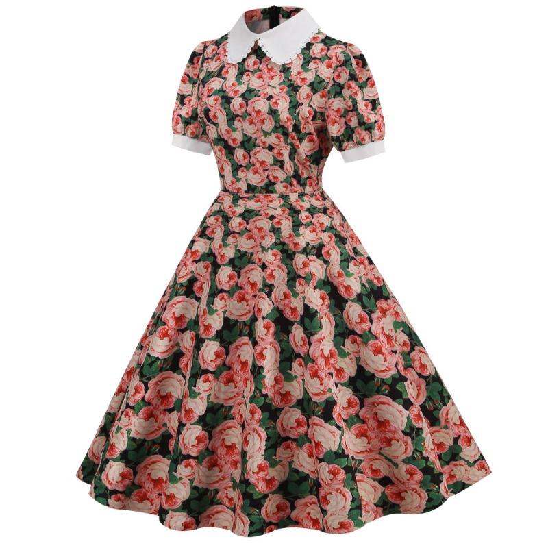 Temperament Damenbekleidung Sommer Neuprodukt Bündel Hals Puppenkragen Kurzarm Retro-Stil Mittellanges und langes bedrucktes Kleid