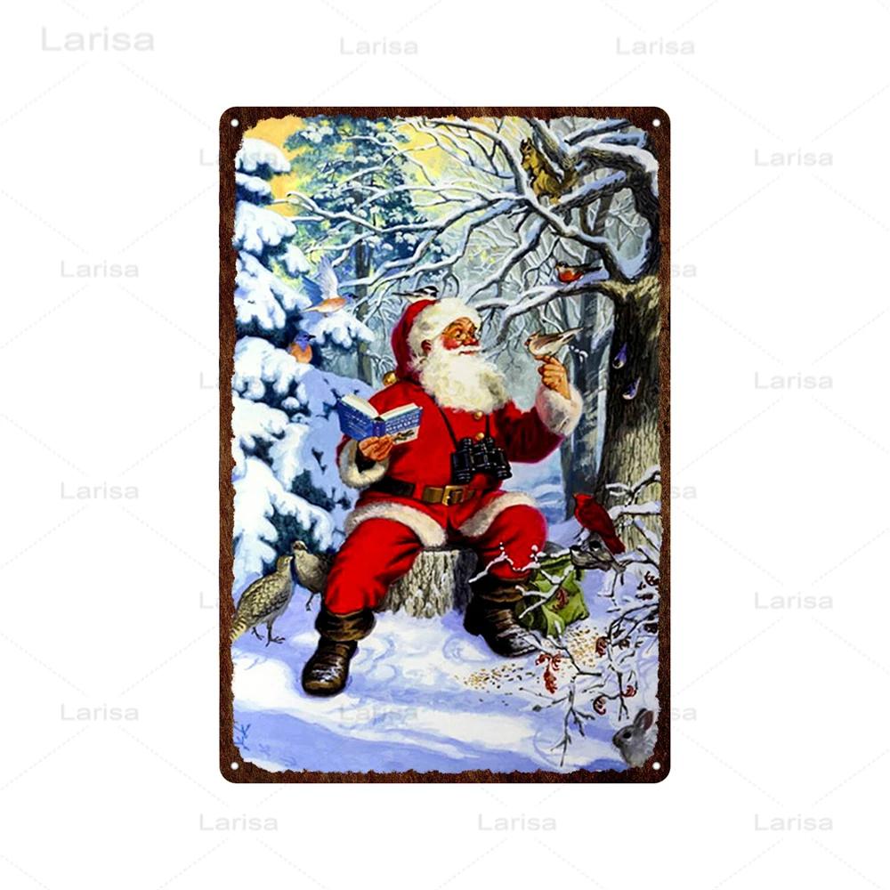 Christmas Vintage Tin Sign Santa Claus Plaque Metal Retro Plate Poster for Club Living Room Kitchen Home Wall Art Decoration