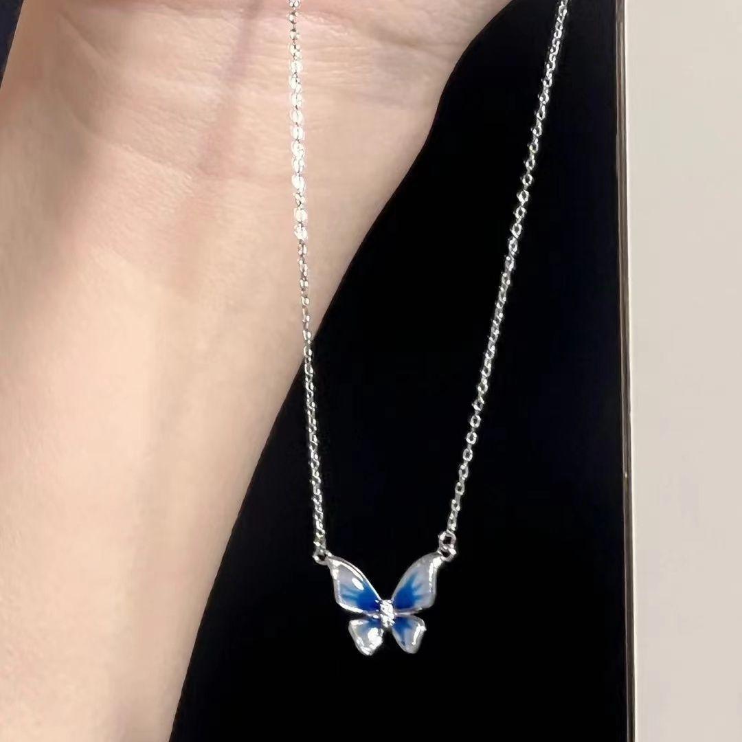 Gradient Blue Butterfly Necklace Women Ins Niche Temperament Collarbone Chain Xiaohongshu Same Style Jewelry Gift