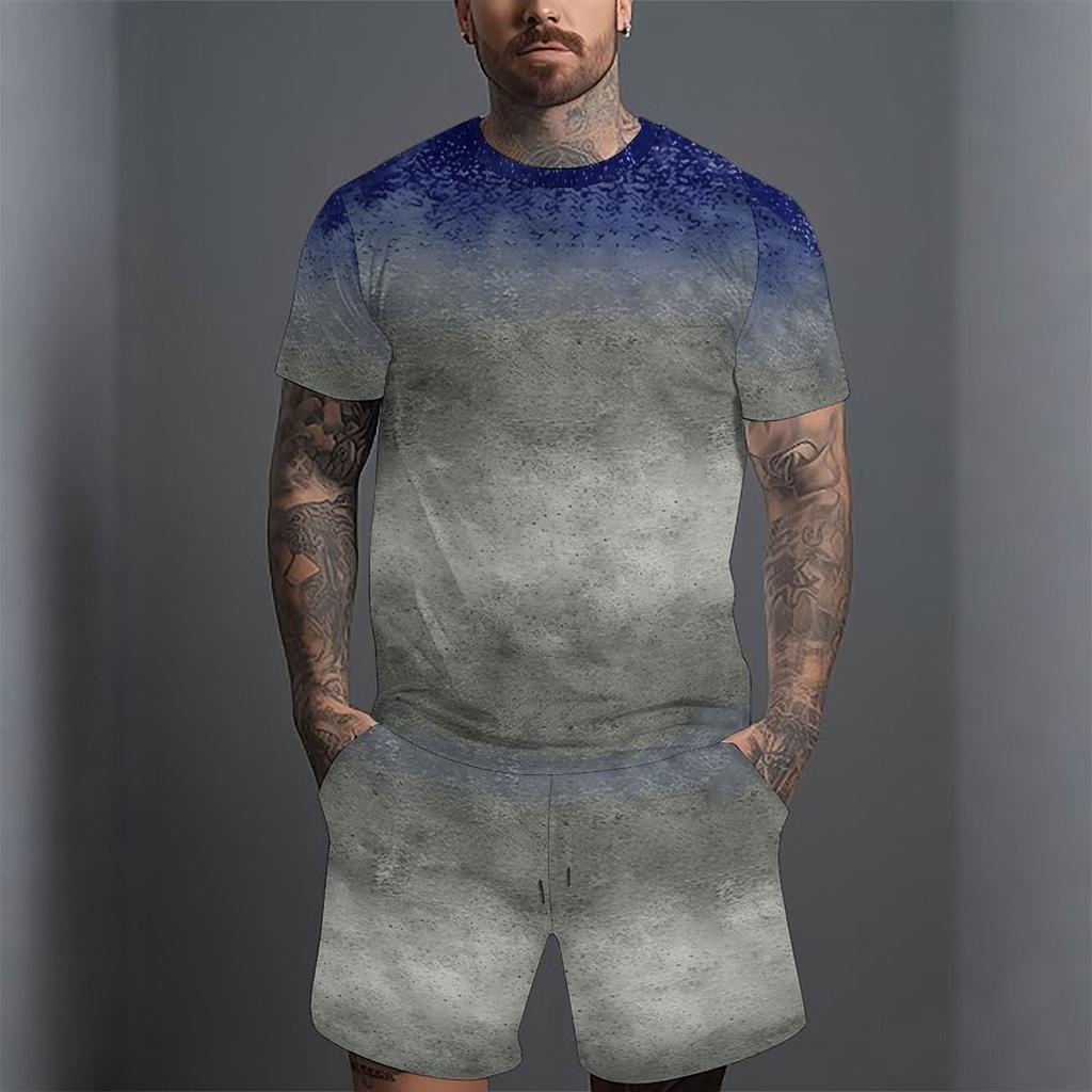 Men Blue Grey Speckled Gradient Short Sleeve Tee And Matching Knee Shorts Two Piece Outfit