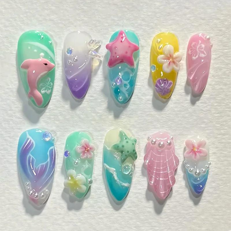 24PCS Charming Almond Fake Nail Colored Pottery with Seastar Insects Design Press on Nail Full Cover Wearable Manicure Nail Tips