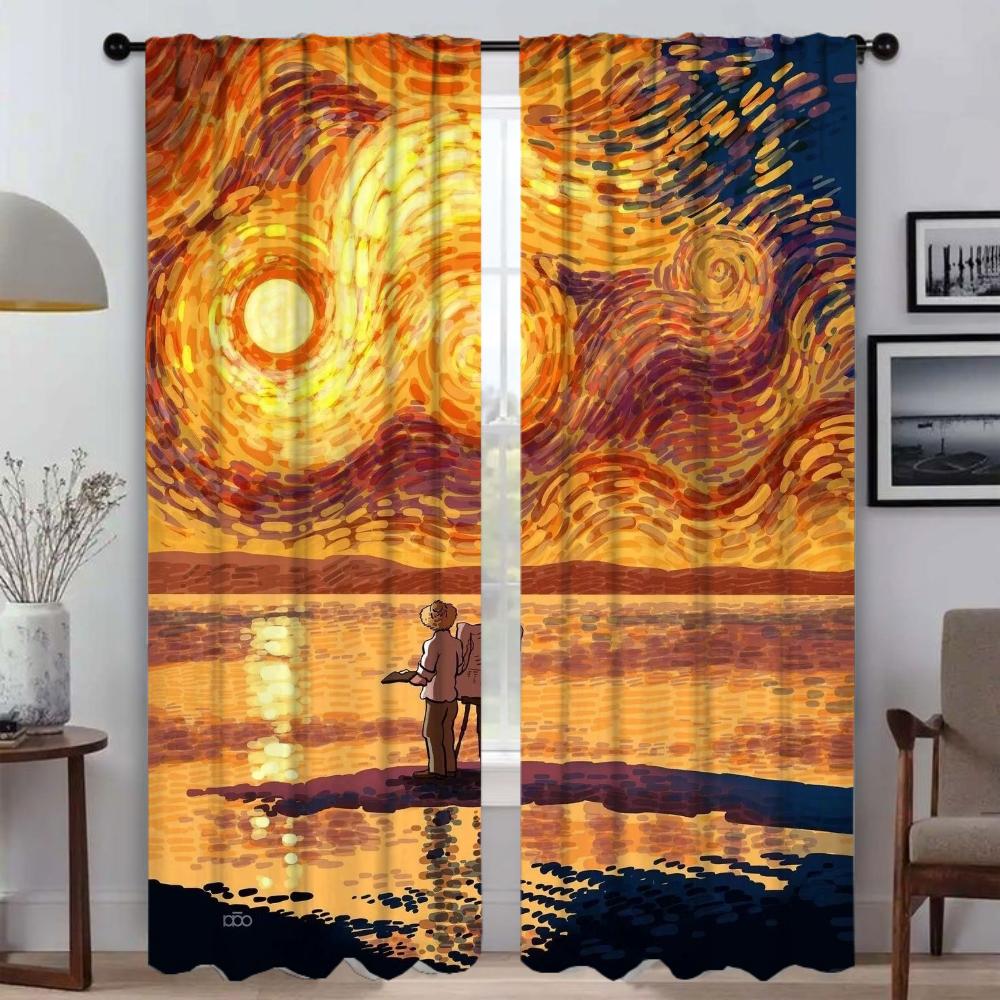 Van Gogh Curtains Child Room Blackout Curtain for Room 2 Panel Partition Tulle for Bedroom Shades Halloween Decoration Living
