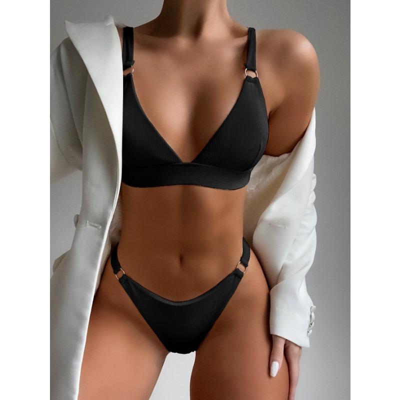 Bikini a due pezzi a costine verde lime da donna - Costume da bagno a triangolo con anello a O