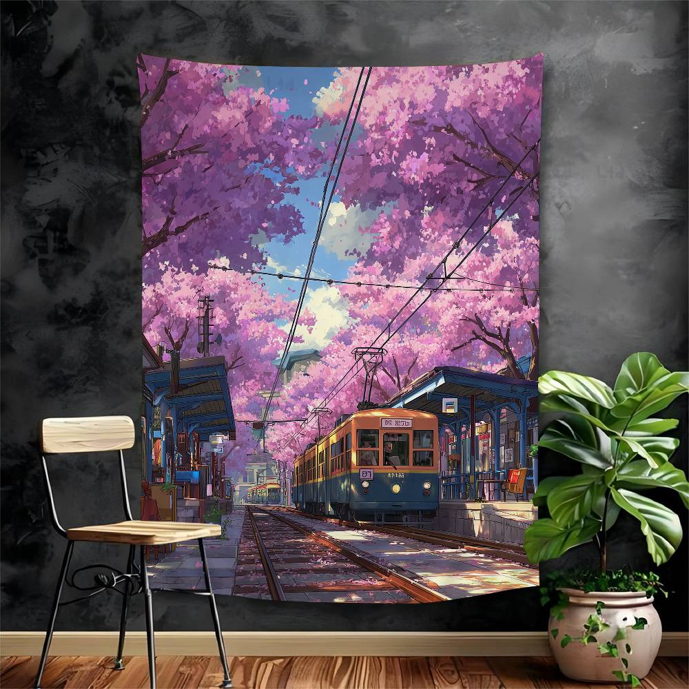 Japanese Street Train Scenery Sakura Cartoon Tapestry Art Science Fiction Room Home Decor Wall Hanging Home Decor