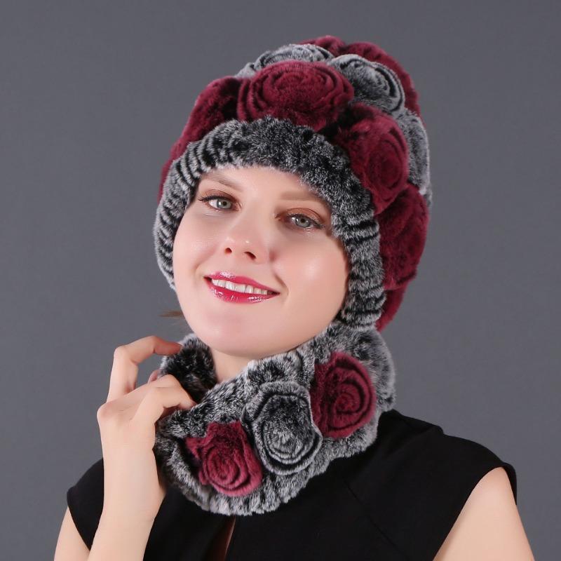 Rex Rabbit Rose Hat and Flower Scarf Set Specializing in the production of Rex Rabbit Scarf Hat Two-piece Adult Hat