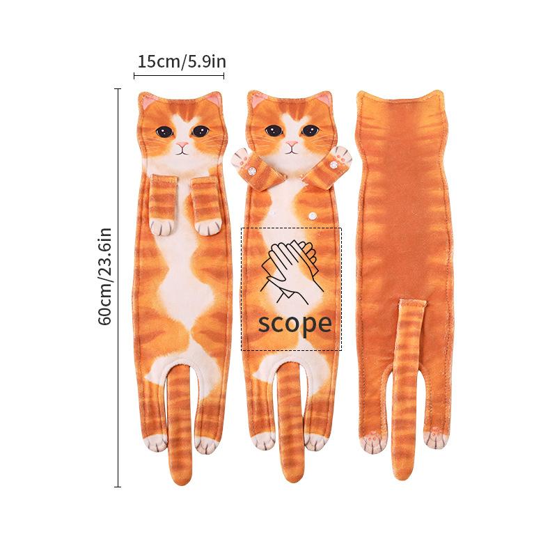 Printed Cat Hand Towel, Ultra-fine Fiber Cartoon Animal Absorbent Handkerchief, Double-layer Hanging Kitchen Cloth