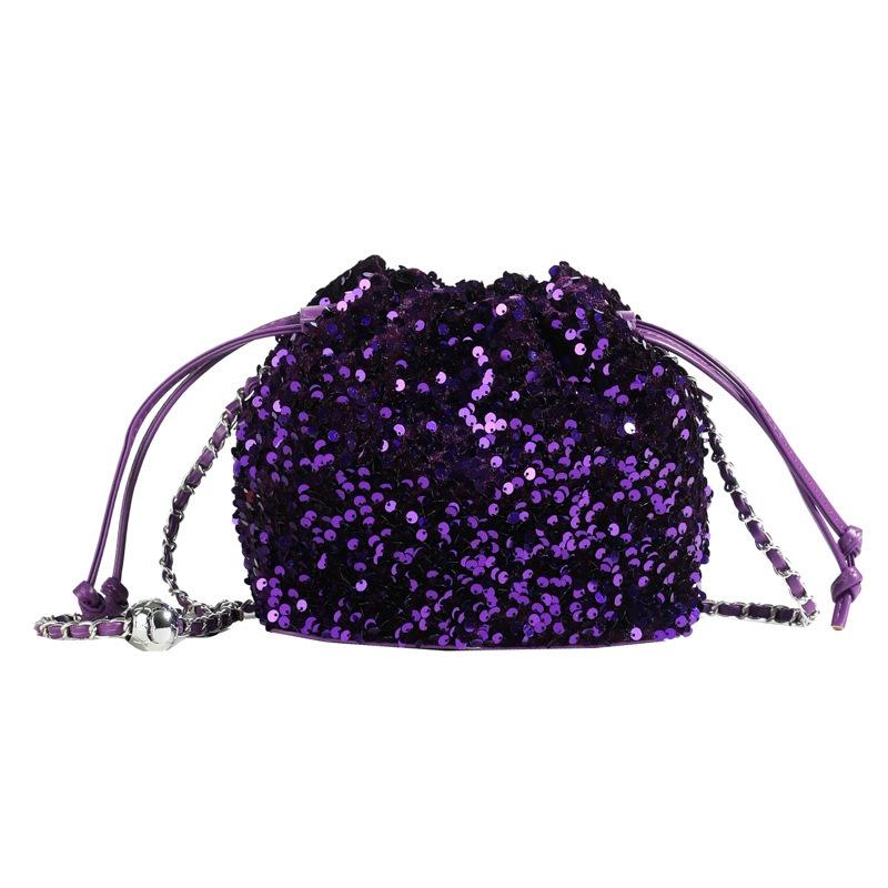 Vintage Elegant Women s Bucket Bag - Heavy Craftsmanship Tulle Embroidery Flower Sequin Chain Crossbody Bag фиолетовый