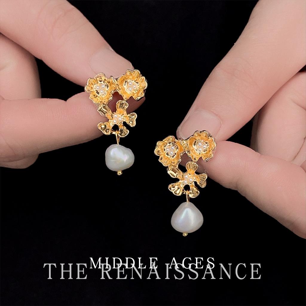 Барочные серьги с пресноводным жемчугом, серьги-пусеты в виде полых цветов, французские элегантные украшения для ушей