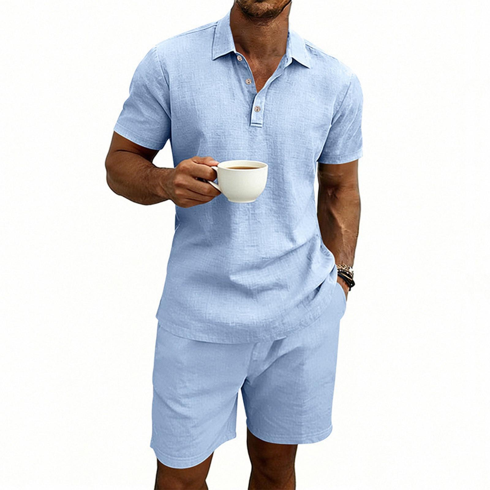 Herren Leinen Kurzarmhemd und Shorts Set Lässig Leicht Atmungsaktiv Zweiteiliges Outfit Sommer Entspannte Passform M
