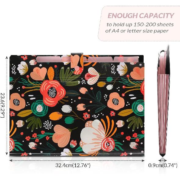 SKYDUE Expanding File Folder with 5 Pockets, Floral Accordion File Organizer for Important Document, Portable Receipt Paper Organizer, School Office