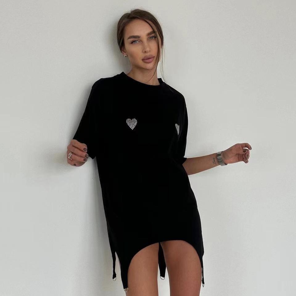 Черная уличная длинная футболка со стразами Femme Rhinestone Aesthetic One Size с вырезом, летний повседневный топ