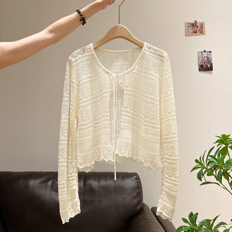 women lace knit cropped cardigan v neck tie front long sleeve casual solid color open front top onesize