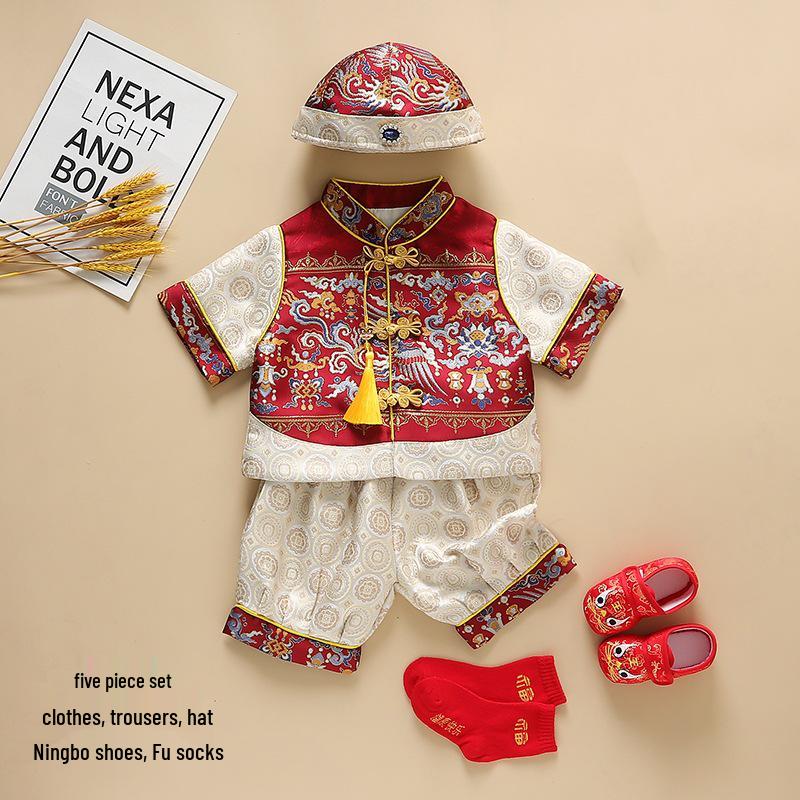 Summer Baby Boy Birthday Tang Suit with Crown for Zhou Ceremony