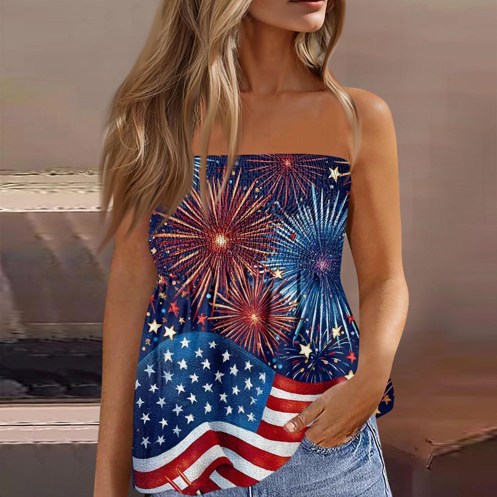 

Women’s Strapless Smocked Tube Top Casual Loose Fit Sleeveless Printed Blouse Lightweight Summer Shirt for Daily Wear L синий