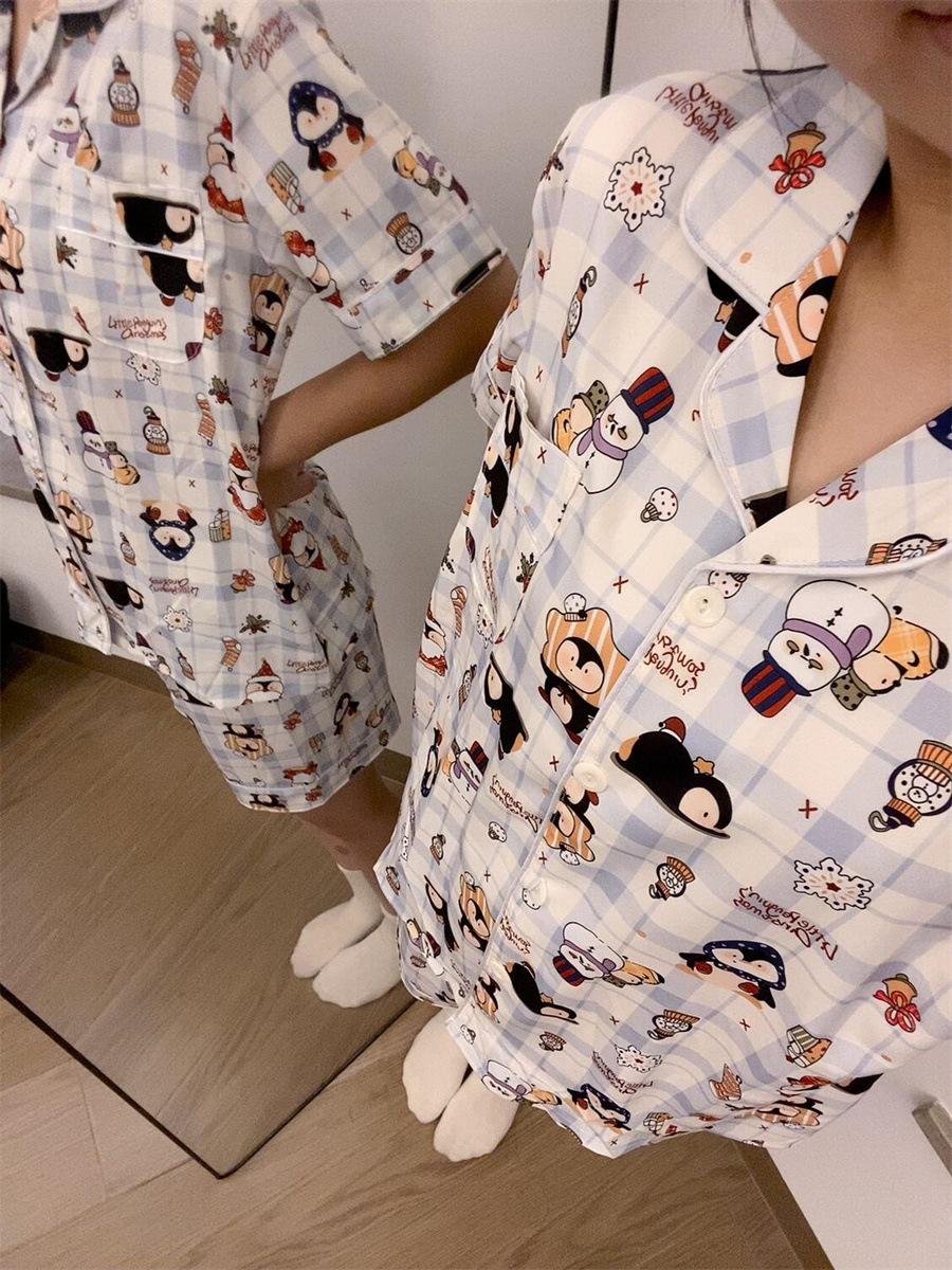 Summer can wear cartoon Christmas penguin pajamas women s summer cardigan lapel short-sleeved shorts two-piece loungewear S