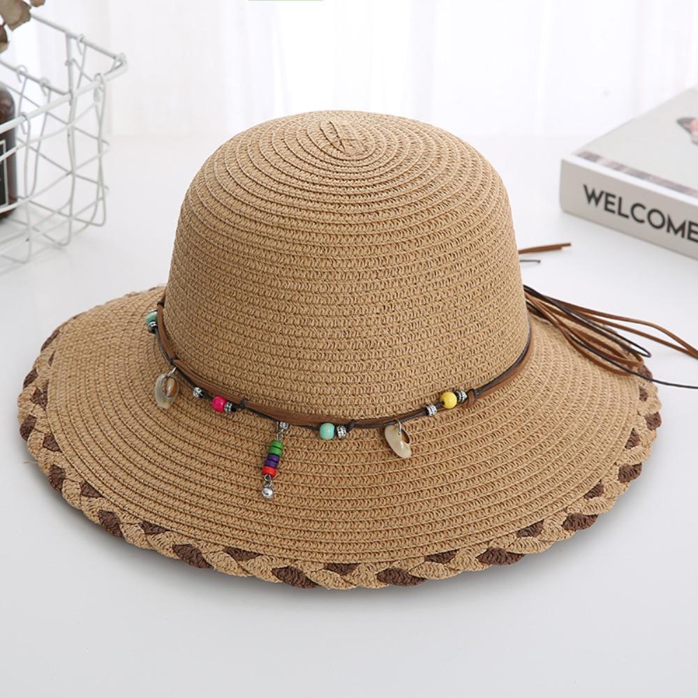 Wide Brim Folding Straw Hats Spring Summer Women's Sun Hat Bohemian Beaded Strap Straw Hat  Outdoor
