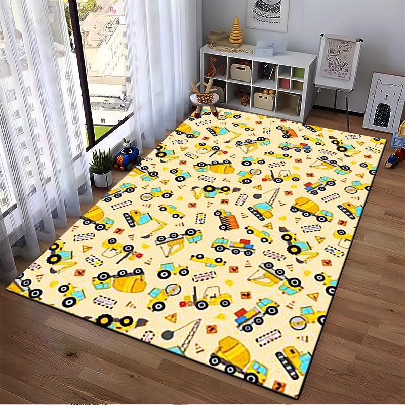 Construction Vehicles Pattern Carpet for Kids - Cute Yellow Design Rug Suitable for Use As an Anti-slip for Living Room Bedroom Sofas