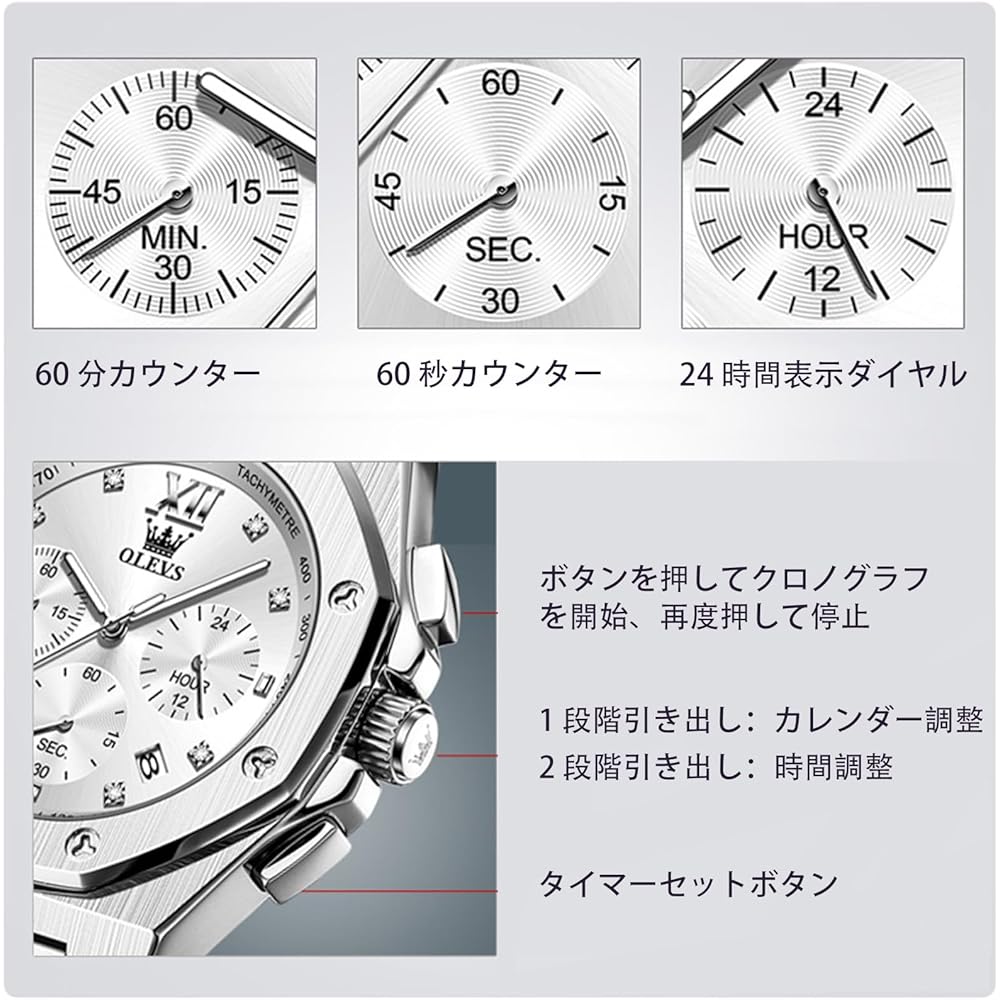 Olevs Octagonal Men's Watch Silver Waterproof Analog Quartz Stainless Steel Dress Watch with Large Dial
