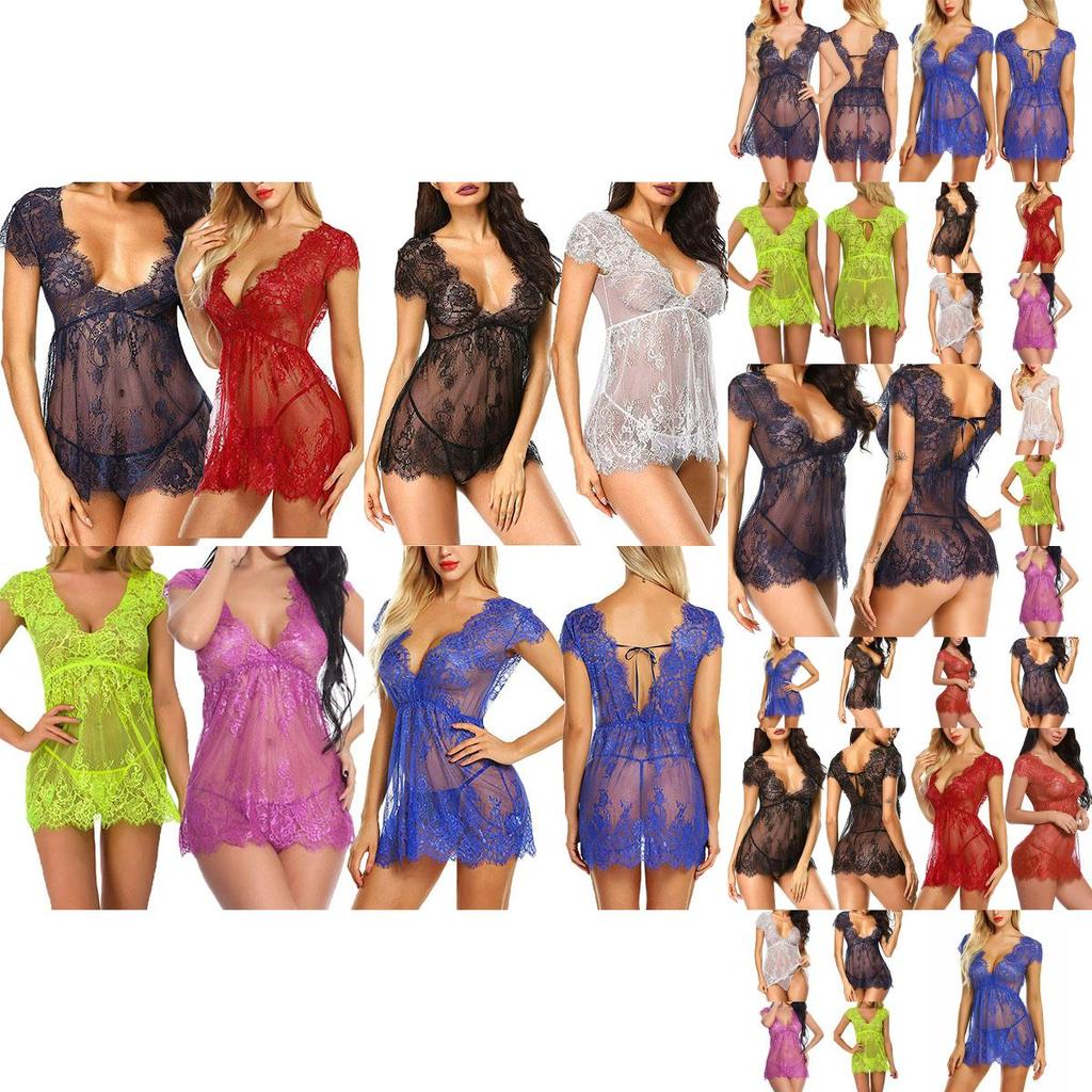 Luxurious Women Eyelash Lace Sexy Lingerie See-through Babydoll Sleepwear Dress T-back Set For Elegant Nights