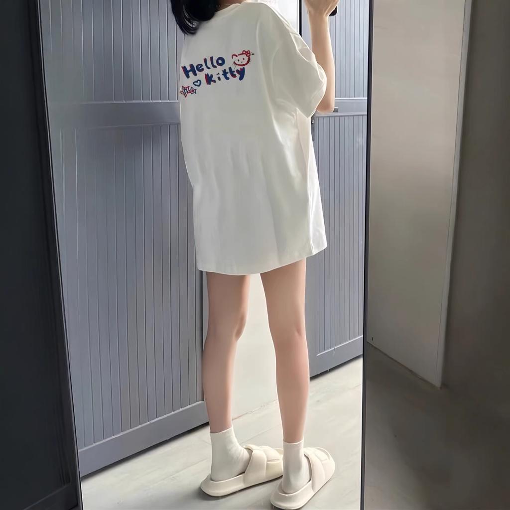Pure cotton white short-sleeve T-shirt for women, American summer loose plus-size Hello Kitty cartoon versatile short-sleeve top