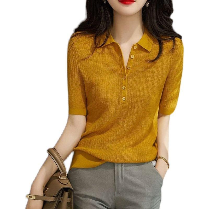 Women's Ice Silk Short Sleeved T-shirt Summer Thin Polo Collar Knitted Top