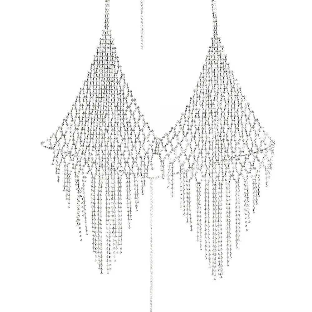 Sparkling Tassel Bra Chain for Crop Top Luxury Mesh Crystal Lingerie Body Chain Jewelry  Beach